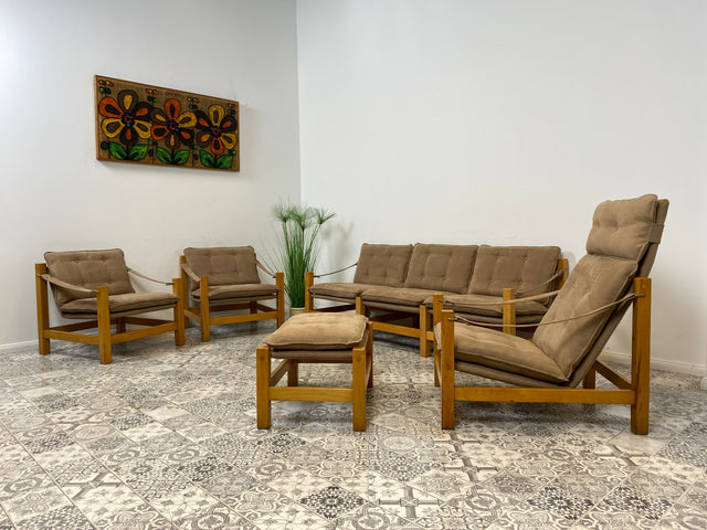 WMK Stilvoller, gemütlicher & gut erhaltener Vintage Hocker im Safari Stil mit hochwertigem Stoffbezug # Sitzhocker Fußhocker Sitz Pouf Tabouret Sitzgarnitur Mid-Century Skandinavisches Design Retro