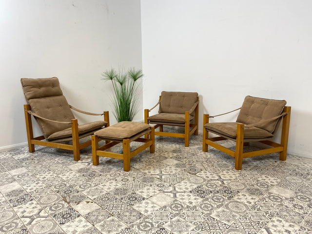 WMK Stilvoller, gemütlicher & gut erhaltener Vintage Hocker im Safari Stil mit hochwertigem Stoffbezug # Sitzhocker Fußhocker Sitz Pouf Tabouret Sitzgarnitur Mid-Century Skandinavisches Design Retro