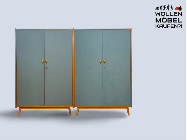 WMK # Hochwertiger & gut erhaltener Mid-Century Kleiderschrank aus vollem Holz in Blau, aus 1959, baugleich mit VEB Hellerau # Schrank Schlafzimmerschrank Wäscheschrank Wardrobe Vintage Esche DDR 50er