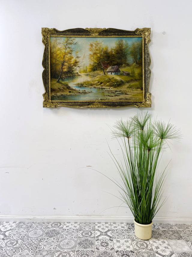 WMK Freundliches & sehr gut gemaltes Öl auf Leinwand Landschaftsgemälde, 111x80cm, signiert mit PR98, in gut erhaltenem Stuckrahmen in Gold # Bild Gemälde Wandgemälde Ölgemälde Goldrahmen Vintage