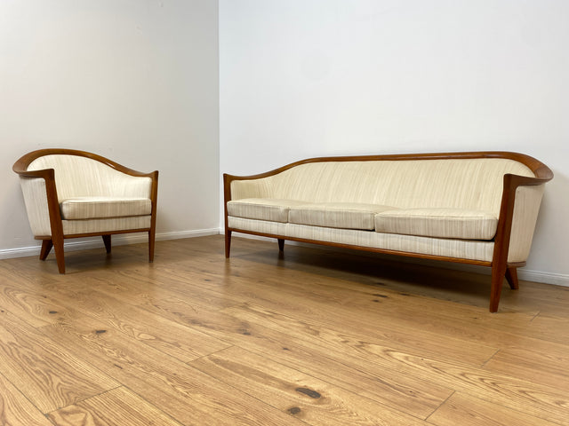 WMK Sehr eleganter und gut erhaltener skandinavisches Mid-Century Sessel mit edlem Holzrahmen aus Teak & weißem Originalbezug # Salonsessel Stuhl Lesesessel Sitzgarnitur Danish Design Vintage Teakholz