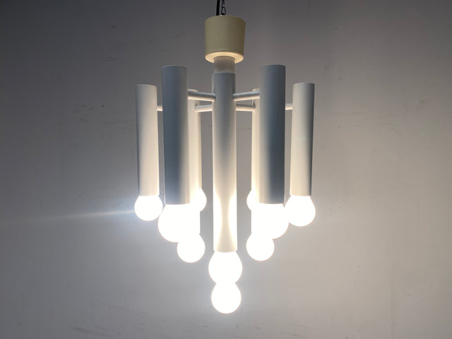 WMK # Berühmte und gut erhaltene weiße 70er Jahre Space Age Designer Deckenlampe von Temde aus Metall mit 10-flammigen Licht # Lampe Deckenleuchte Luster Kronleuchter Pendelleuchte Lamp Vintage