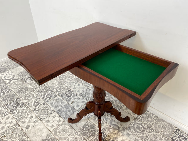 WMK Wunderschöner und sehr gut erhaltener antiker Spieltisch mit aufklappbarer Tischplatte und stoffbespanntem Fach # Tisch Esstisch Konsole Küchentisch Beistelltisch Klapptisch Pokertisch Teetisch