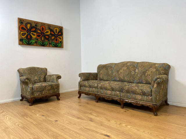 WMK Wunderschönes & gut erhaltenes 60er Jahre Sofa im Barock Stil mit tollem Bezug, reichverziertem Holzrahmen & bequemen Federkern # Couch 3-Sitzer Sitzgarnitur Rokoko Chippendale Stilmöbel Vintage