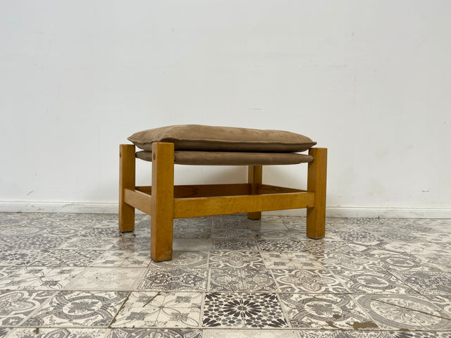 WMK Stilvoller, gemütlicher & gut erhaltener Vintage Hocker im Safari Stil mit hochwertigem Stoffbezug # Sitzhocker Fußhocker Sitz Pouf Tabouret Sitzgarnitur Mid-Century Skandinavisches Design Retro