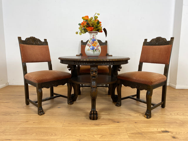 WMK Particularly beautiful and very well preserved round antique salon table made of solid wood with hand-carved lion heads and lion paws # Coffee table living room table coffee table Gründerzeit vintage