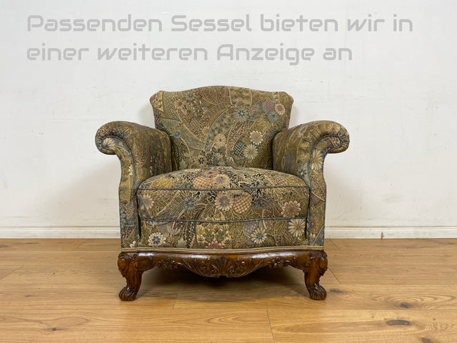 WMK Wunderschönes & gut erhaltenes 60er Jahre Sofa im Barock Stil mit tollem Bezug, reichverziertem Holzrahmen & bequemen Federkern # Couch 3-Sitzer Sitzgarnitur Rokoko Chippendale Stilmöbel Vintage