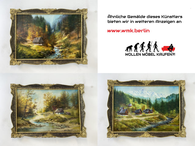 WMK Freundliches & sehr gut gemaltes Öl auf Leinwand Landschaftsgemälde, 111x80cm, signiert mit PR98, in gut erhaltenem Stuckrahmen in Gold # Bild Gemälde Wandgemälde Ölgemälde Goldrahmen Vintage