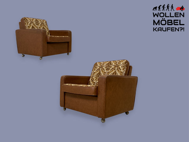 WMK 1/2 Kultiger & bequemer Retro Sessel , bezogen mit floralem Stoff & Kunstleder und auf hübschen Rollen # Clubsessel Lesesessel Stuhl Sitzgruppe Sitzgarnitur Vintage Space Age 70er