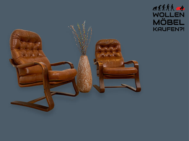 WMK 1/2 Formschöner, sehr bequemer & gut erhaltener skandinavischer Ledersessel mit gestepptem Echtleder # Sessel Lesesessel Relaxsessel Easy Chair Fernsehsessel Leder Vintage Mid-Century # Stückpreis