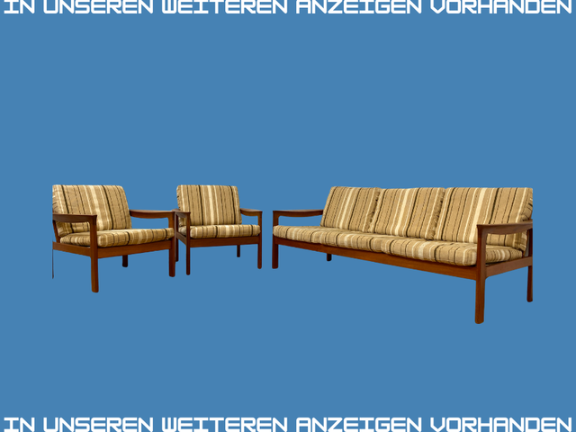 WMK I 1/2 Stilvoller skandinavischer Mid-Century Sessel von Komfort mit gestreiftem beigem Originalbezug & Teakholz Rahmen
