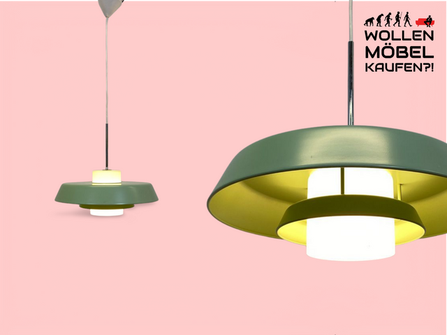 WMK # Formschöne und gut erhaltene zweischirm Pendelleuchte in Retrodesign aus Aluminium und Chrom in dezentem Grün # Lampe Hängelampe Deckenlampe Wohnzimmerlampe Leuchte Licht Hängeleuchte Vintage