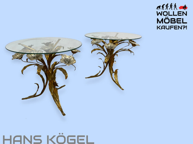 WMK I 1/2 Wunderbarer runder 60er Jahre Designer Beistelltisch von Hans Kögel aus vergoldetem Metall I Couchtisch Glastisch Florentiner Blumen Barock Hollywood Regency Vintage Berlin Bayern Dresden