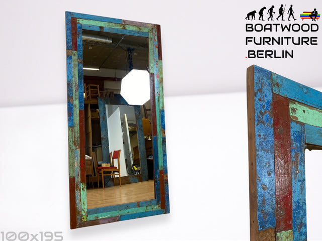 Boatwood by WMK I 100x195cm großer Spiegel I handgefertigtes Unikat aus altem Bootsholz in Originalfarben I bunter Wandspiegel Ganzkörperspiegel Standspiegel Flurspiegel Garderobe Berlin Bremen Halle