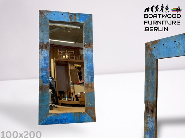 Boatwood by WMK I Meeresblauer 100x200cm großer Spiegel I handgefertigtes Unikat aus altem Bootsholz in Originalfarbe I Wandspiegel Standspiegel Ganzkörperspiegel Flurspiegel Garderobe Berlin Hof Ulm