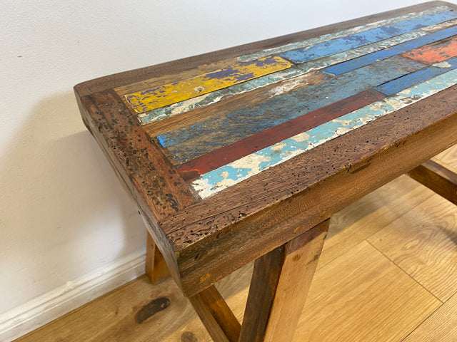 Boatwood by WMK I Bunte 75cm lange Bank aus altem Bootsholz I handgefertigtes Unikat I Patchwork aus Teakholz massiv # Holzbank Gartenbank Bench Küchenbank Sitz Gartenmöbel Balkonmöbel Treibholz Sylt