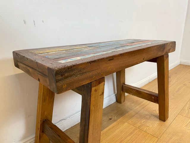 Boatwood by WMK I Bunte 75cm lange Bank aus altem Bootsholz I handgefertigtes Unikat I Patchwork aus Teakholz massiv # Holzbank Gartenbank Bench Küchenbank Sitz Gartenmöbel Balkonmöbel Treibholz Sylt
