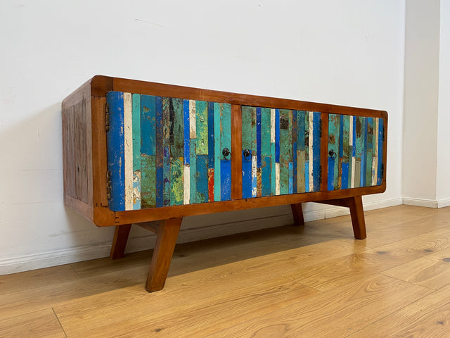 Boatwood by WMK # Detailreiches 150cm langes Sideboard aus altem Bootsholz, ein handgefertigtes Unikat aus massivem Teakholz # Kommode Lowboard TV-Lowboard TV-Board TV-Bank Anrichte Bootsmöbel Berlin