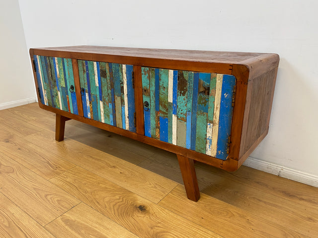Boatwood by WMK # Detailreiches 150cm langes Sideboard aus altem Bootsholz, ein handgefertigtes Unikat aus massivem Teakholz # Kommode Lowboard TV-Lowboard TV-Board TV-Bank Anrichte Bootsmöbel Berlin
