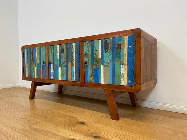 Boatwood by WMK # Detailreiches 150cm langes Sideboard aus altem Bootsholz, ein handgefertigtes Unikat aus massivem Teakholz # Kommode Lowboard TV-Lowboard TV-Board TV-Bank Anrichte Bootsmöbel Berlin