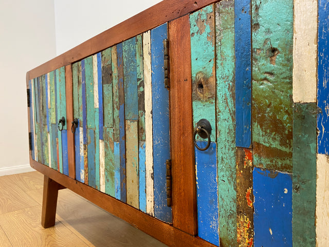 Boatwood by WMK # Detailreiches 150cm langes Sideboard aus altem Bootsholz, ein handgefertigtes Unikat aus massivem Teakholz # Kommode Lowboard TV-Lowboard TV-Board TV-Bank Anrichte Bootsmöbel Berlin