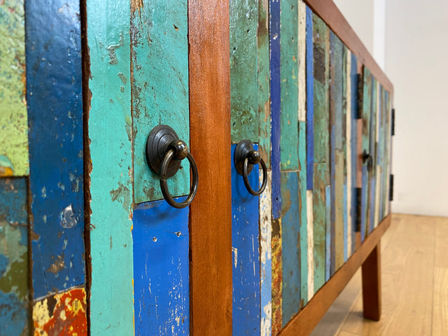 Boatwood by WMK # Detailreiches 150cm langes Sideboard aus altem Bootsholz, ein handgefertigtes Unikat aus massivem Teakholz # Kommode Lowboard TV-Lowboard TV-Board TV-Bank Anrichte Bootsmöbel Berlin