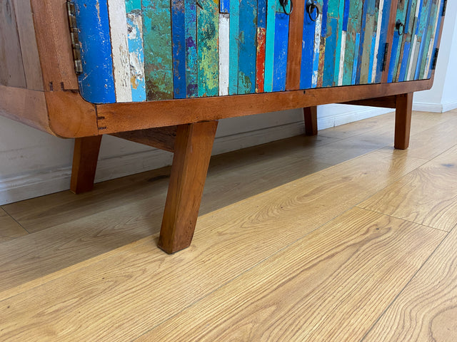 Boatwood by WMK # Detailreiches 150cm langes Sideboard aus altem Bootsholz, ein handgefertigtes Unikat aus massivem Teakholz # Kommode Lowboard TV-Lowboard TV-Board TV-Bank Anrichte Bootsmöbel Berlin