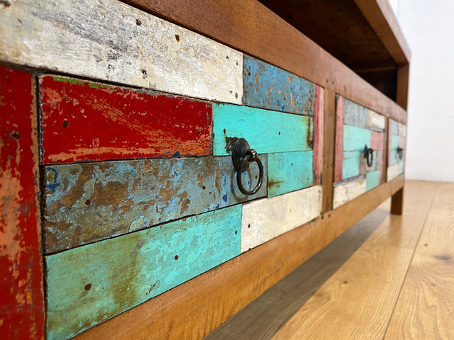 Boatwood by WMK I Handgefertigtes 150cm langes TV-Lowboard aus altem Bootsholz I nachhaltiges Unikat aus massivem Teakholz I Sideboard Kommode Bank Board Anrichte Bootsmöbel Rostock Bayern Düsseldorf