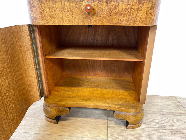 WMK I 1/2 Sehr schöner 1930er Jahre Art Deco Nachttisch aus vollem Holz mit Schublade und Glasauflage I Nachtkommode Nachtschrank Nachtschränkchen Night Stand Vintage Antik Berlin Leipzig Stuttgart