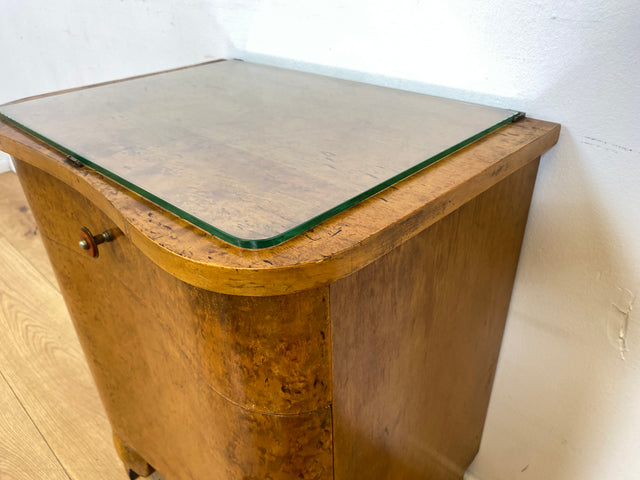 WMK I 1/2 Sehr schöner 1930er Jahre Art Deco Nachttisch aus vollem Holz mit Schublade und Glasauflage I Nachtkommode Nachtschrank Nachtschränkchen Night Stand Vintage Antik Berlin Leipzig Stuttgart