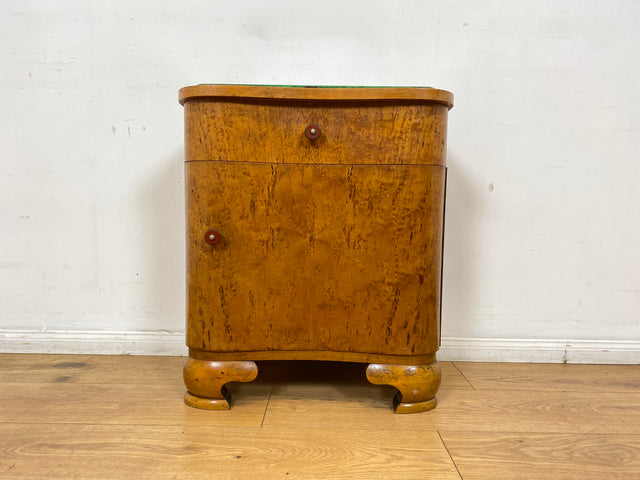 WMK I 1/2 Sehr schöner 1930er Jahre Art Deco Nachttisch aus vollem Holz mit Schublade und Glasauflage I Nachtkommode Nachtschrank Nachtschränkchen Night Stand Vintage Antik Berlin Leipzig Stuttgart