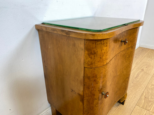 WMK I 1/2 Sehr schöner 1930er Jahre Art Deco Nachttisch aus vollem Holz mit Schublade und Glasauflage I Nachtkommode Nachtschrank Nachtschränkchen Night Stand Vintage Antik Berlin Leipzig Stuttgart