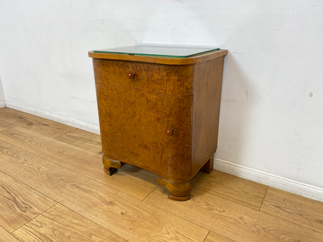 WMK I 1/2 Sehr schöner 1930er Jahre Art Deco Nachttisch aus vollem Holz mit Schublade und Glasauflage I Nachtkommode Nachtschrank Nachtschränkchen Night Stand Vintage Antik Berlin Leipzig Stuttgart