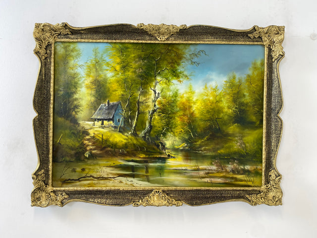 WMK Farbenintensives & sehr gut gemaltes Öl auf Leinwand Landschaftsgemälde, 111x80cm, signiert mit PR98, in gut erhaltenem Stuckrahmen in Gold # Gemälde Bild Wandgemälde Ölgemälde Goldrahmen Vintage