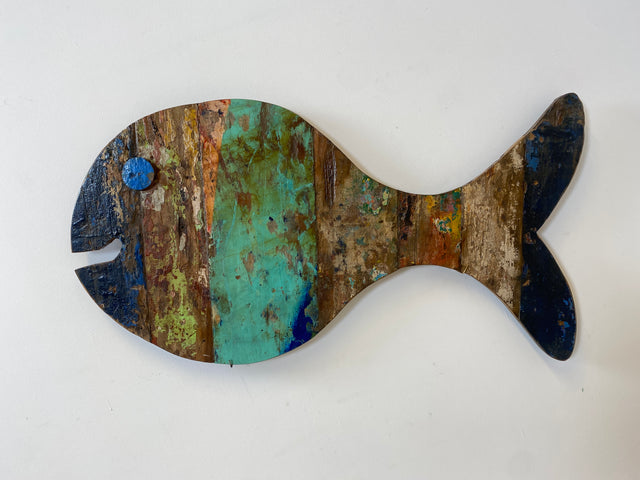 Boatwood by WMK # Großer nachhaltiger Südseefisch (105x53cm) aus altem Bootsholz, ein handgefertigtes Unikat aus massivem Teakholz # Fisch Holzfisch Dekofisch Dekoration Wanddekoration Holzbild Meer