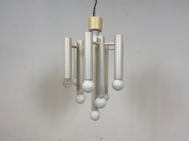 WMK # Berühmte und gut erhaltene weiße 70er Jahre Space Age Designer Deckenlampe von Temde aus Metall mit 10-flammigen Licht # Lampe Deckenleuchte Luster Kronleuchter Pendelleuchte Lamp Vintage