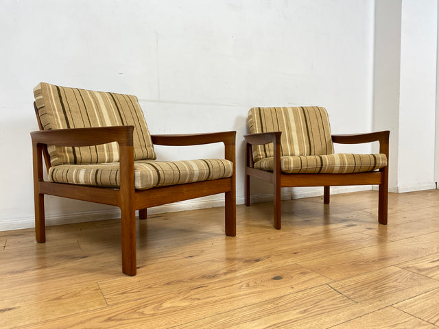 WMK I 1/2 Stilvoller skandinavischer Mid-Century Sessel von Komfort mit gestreiftem beigem Originalbezug & Teakholz Rahmen