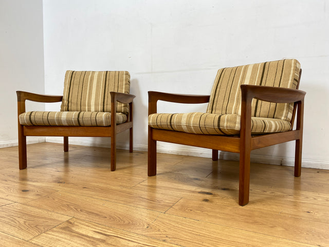 WMK I 1/2 Stilvoller skandinavischer Mid-Century Sessel von Komfort mit gestreiftem beigem Originalbezug & Teakholz Rahmen