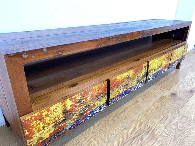 Boatwood by WMK # Besonders schönes 200cm langes TV-Lowboard mit Schubladen & Fach I Handmade Unikat aus altem Bootsholz I Teakholz massiv # Sideboard Kommode Lowboard TV-Bank Fernsehbank Berlin Köln