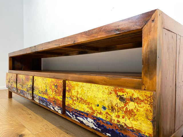 Boatwood by WMK # Besonders schönes 200cm langes TV-Lowboard mit Schubladen & Fach I Handmade Unikat aus altem Bootsholz I Teakholz massiv # Sideboard Kommode Lowboard TV-Bank Fernsehbank Berlin Köln