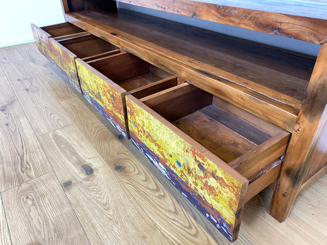 Boatwood by WMK # Besonders schönes 200cm langes TV-Lowboard mit Schubladen & Fach I Handmade Unikat aus altem Bootsholz I Teakholz massiv # Sideboard Kommode Lowboard TV-Bank Fernsehbank Berlin Köln