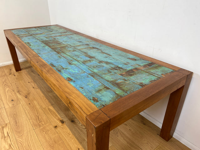 Boatwood by WMK I Imposanter 280x100cm großer Esstisch aus altem Bootsholz I handgefertigtes Unikat I Teakholz massiv I Tisch Tafel Esszimmer Küchen Garten Holz Dining Table Patchwork Berlin Kiel Sylt