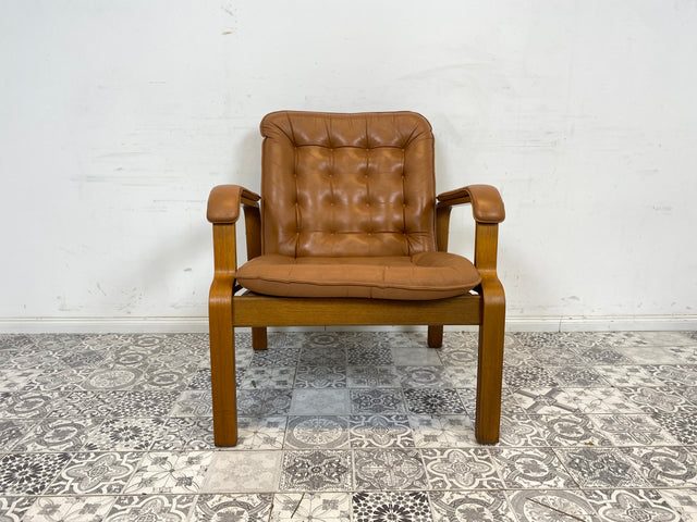 WMK Formschöner und sehr bequemer skandinavischer Ledersessel mit gestepptem Echtleder # Sessel Drehsessel Lesesessel Relaxsessel Easy Chair Fernsehensessel Leder Vintage Mid-Century