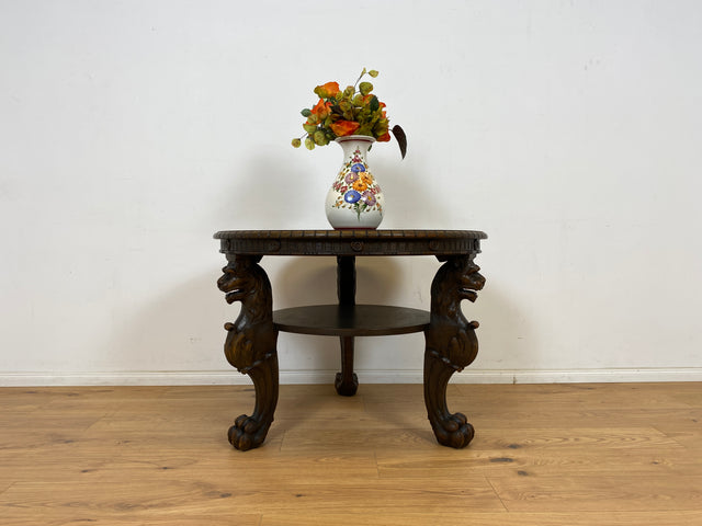 WMK Particularly beautiful and very well preserved round antique salon table made of solid wood with hand-carved lion heads and lion paws # Coffee table living room table coffee table Gründerzeit vintage