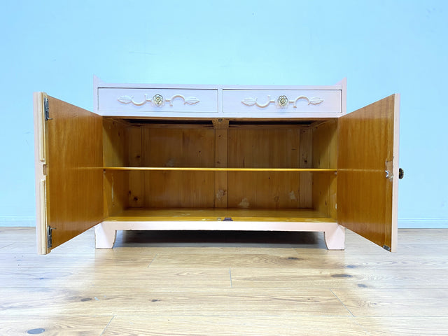 WMK # Besonders schöne und geräumige 30er Jahre Art Deco Kommode in zart Rosa aus vollem Holz mit Schubladen und Messinggriffen # Schrank Sideboard Wäschekommode Schuhkommode Antik Vintage Berlin Köln