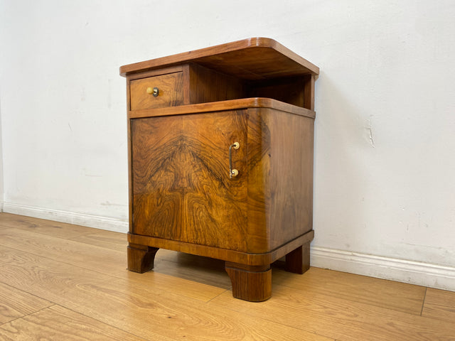 WMK # 1/2 Sehr schöner 30er Jahre Art Deco Nachttisch aus vollem Holz in Wurzelholz, mit Schublade und Originalgriffen # Nachtschrank Nachtschränkchen Nachtkommode Kommode Bedside Table Antik Vintage