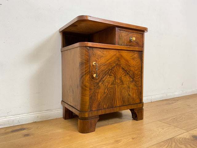 WMK # 1/2 Sehr schöner 30er Jahre Art Deco Nachttisch aus vollem Holz in Wurzelholz, mit Schublade und Originalgriffen # Nachtschrank Nachtschränkchen Nachtkommode Kommode Bedside Table Antik Vintage