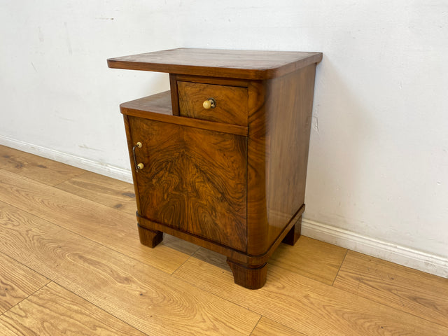 WMK # 1/2 Sehr schöner 30er Jahre Art Deco Nachttisch aus vollem Holz in Wurzelholz, mit Schublade und Originalgriffen # Nachtschrank Nachtschränkchen Nachtkommode Kommode Bedside Table Antik Vintage