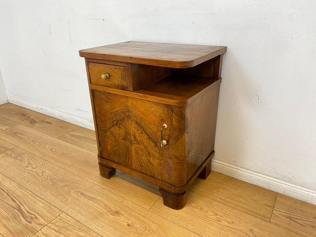 WMK # 1/2 Sehr schöner 30er Jahre Art Deco Nachttisch aus vollem Holz in Wurzelholz, mit Schublade und Originalgriffen # Nachtschrank Nachtschränkchen Nachtkommode Kommode Bedside Table Antik Vintage