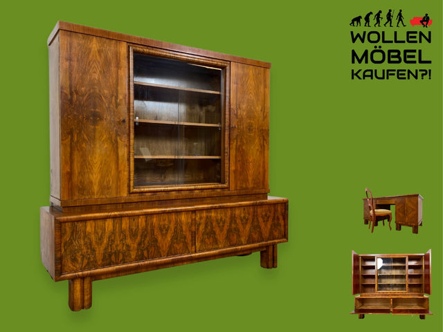 WMK I Wunderschöner 30er Jahre Art Deco Wohnzimmerschrank I Vollholz in edlem Walnuss I Schrank Vitrine Bücherschrank Büchervitrine Herrenzimmer Sideboard Antik Vintage Dresden NRW Bayern